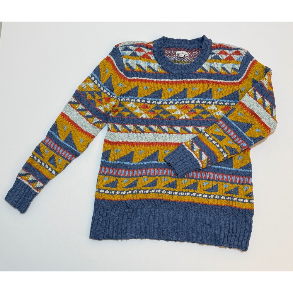 LL Bean Signature Mens Large Blue Multi Color Cotton Geometric Fair Isle Sweater